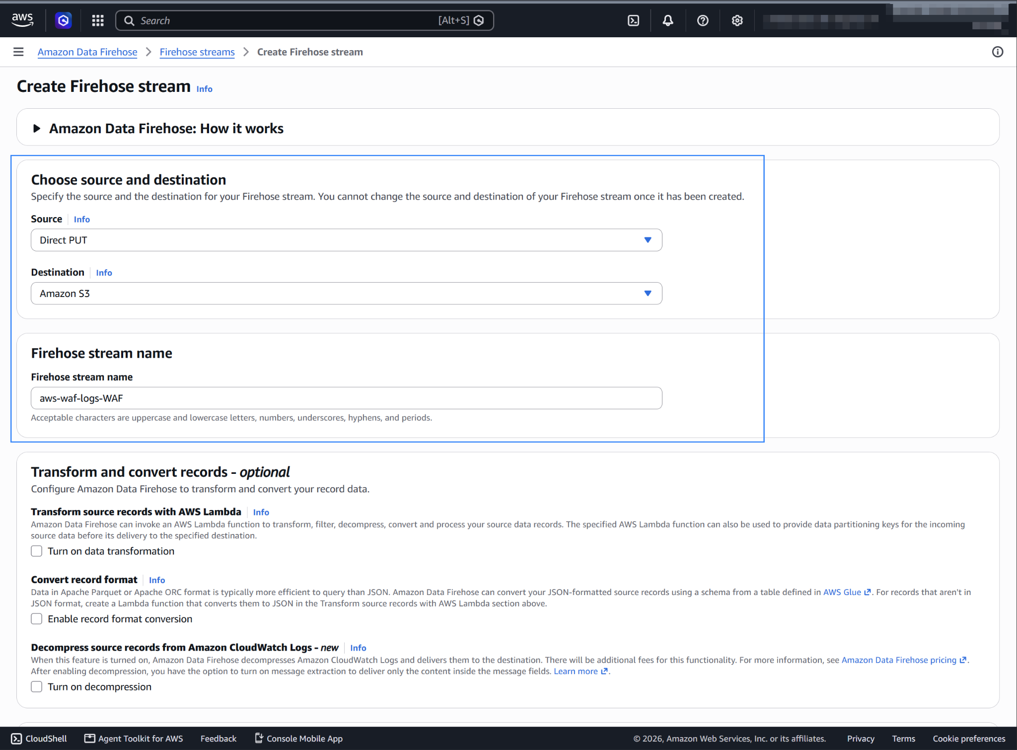 Select Direct PUT as source, Amazon S3 as destination, and a Firehose stream name starting with aws-waf-logs-