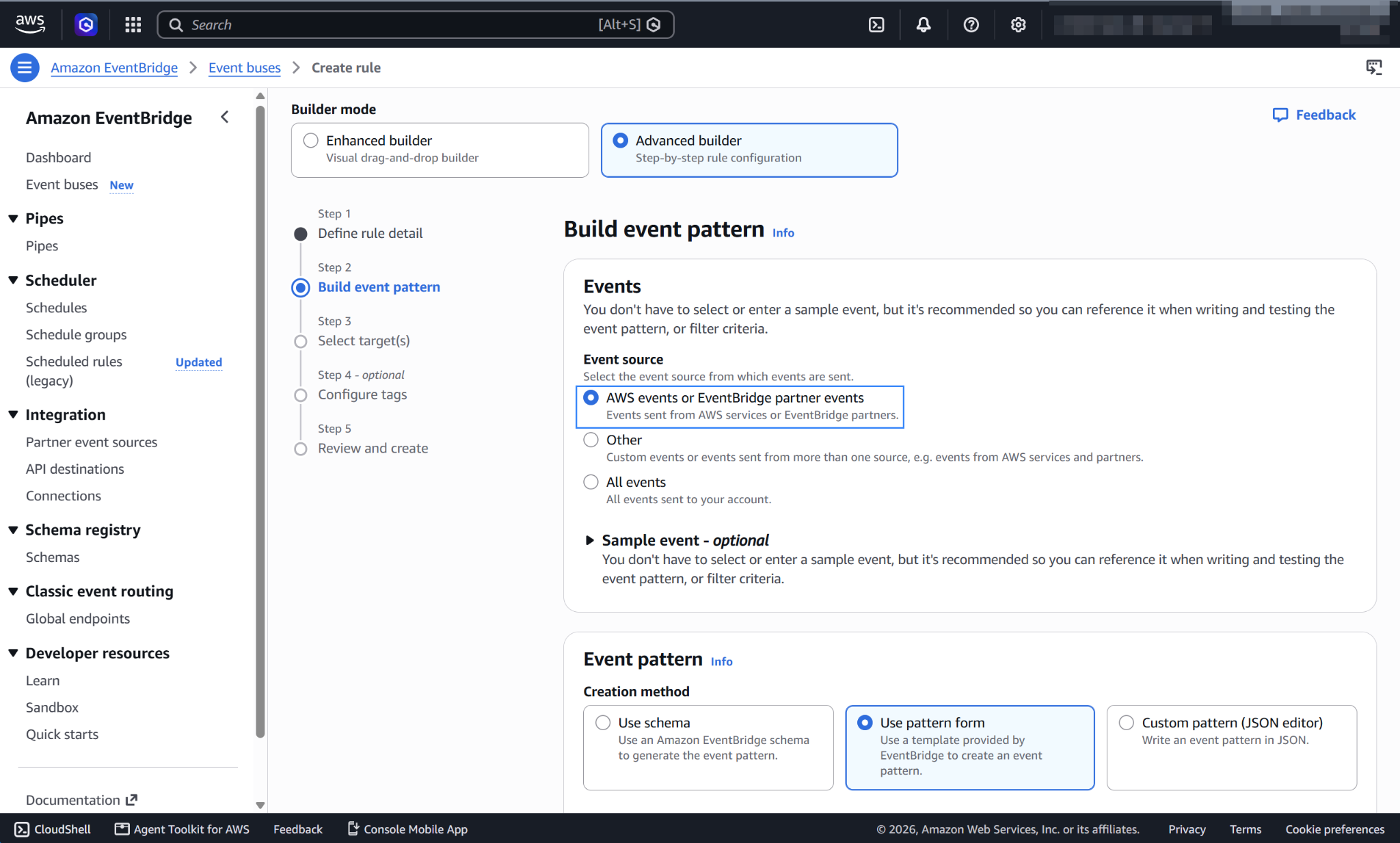 Choose AWS events or EventBridge partner events as event source