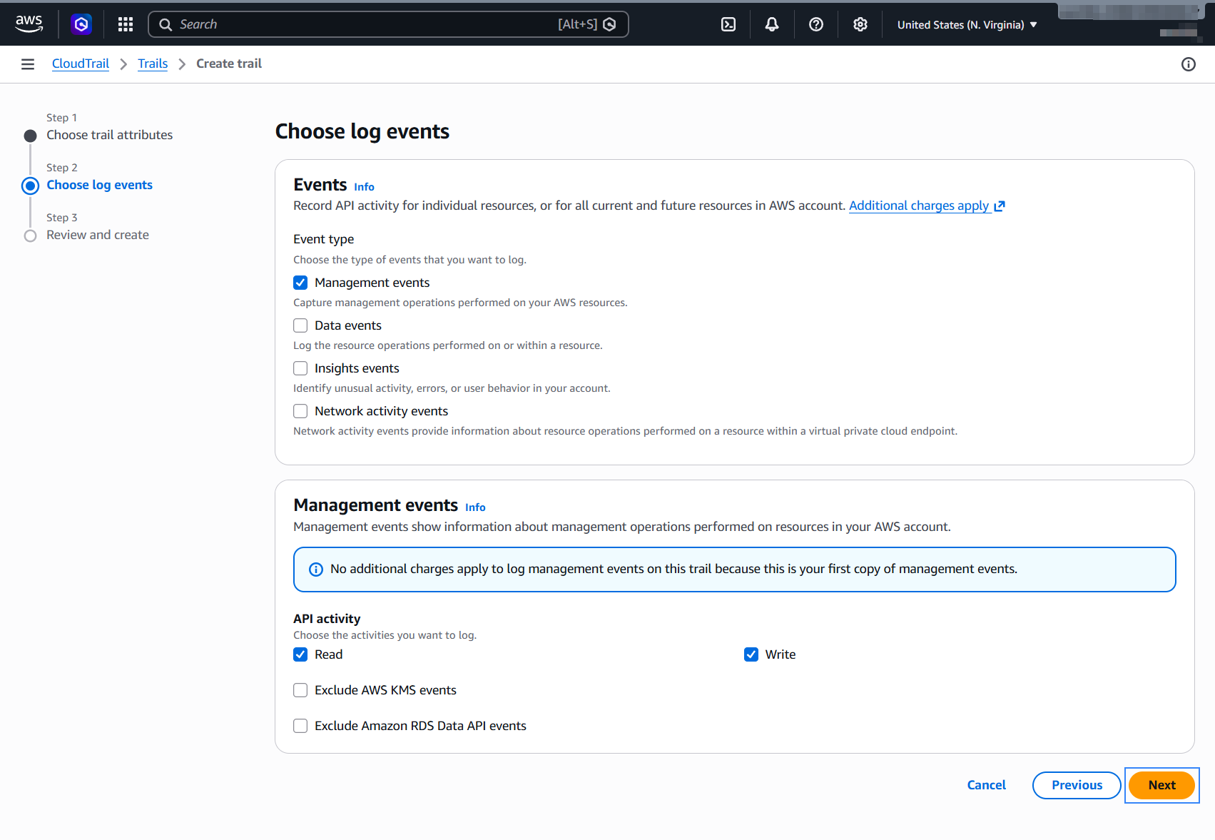 Choose log events for the trail