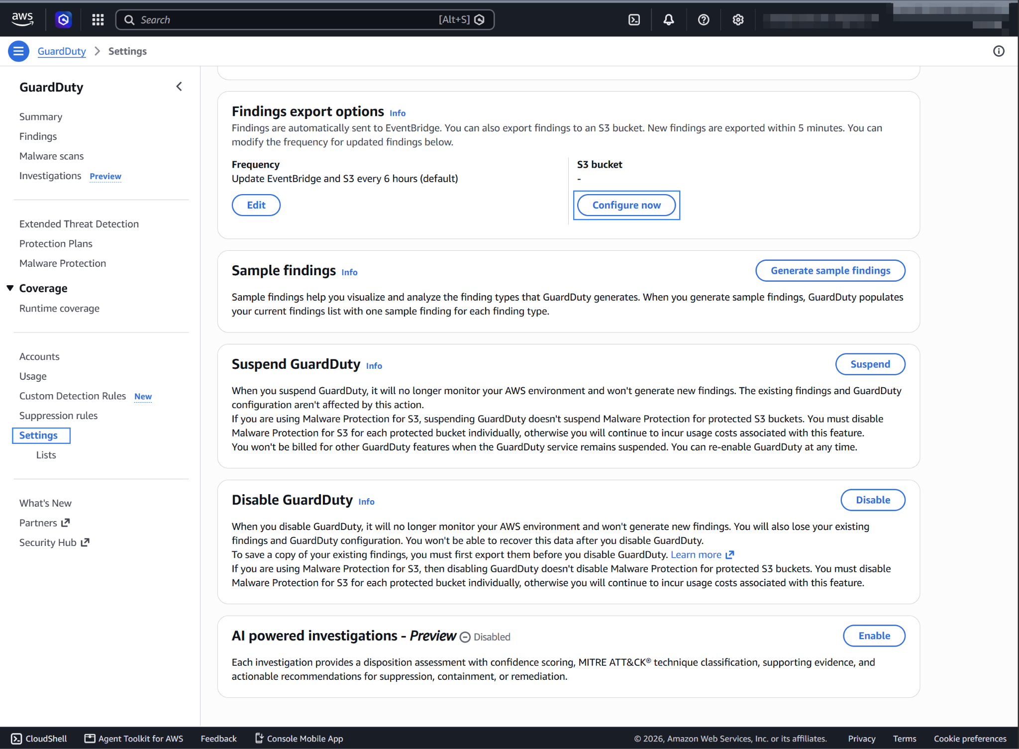 Click Configure now under Findings export options