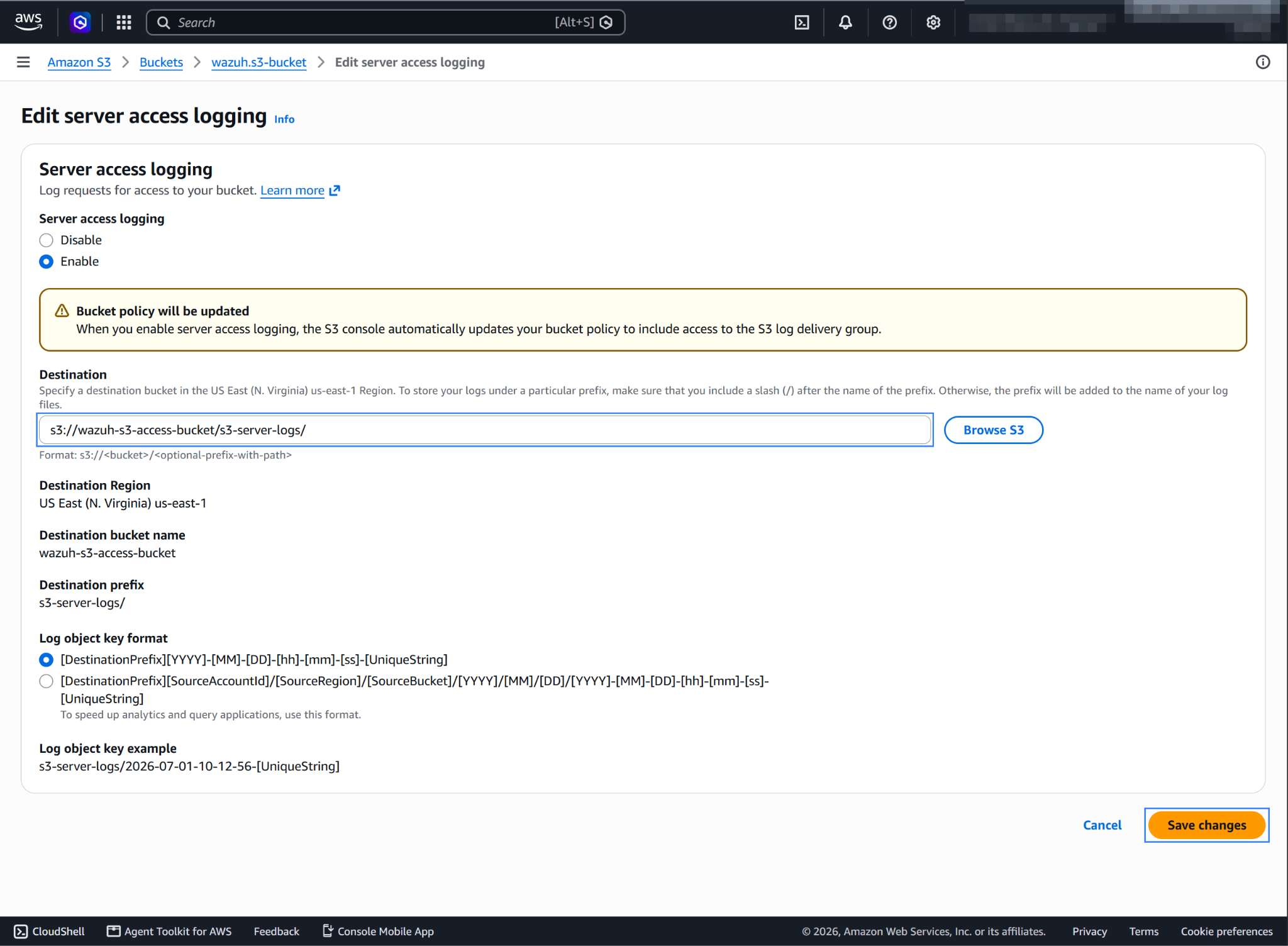 Enable server access logging and select the destination bucket and path