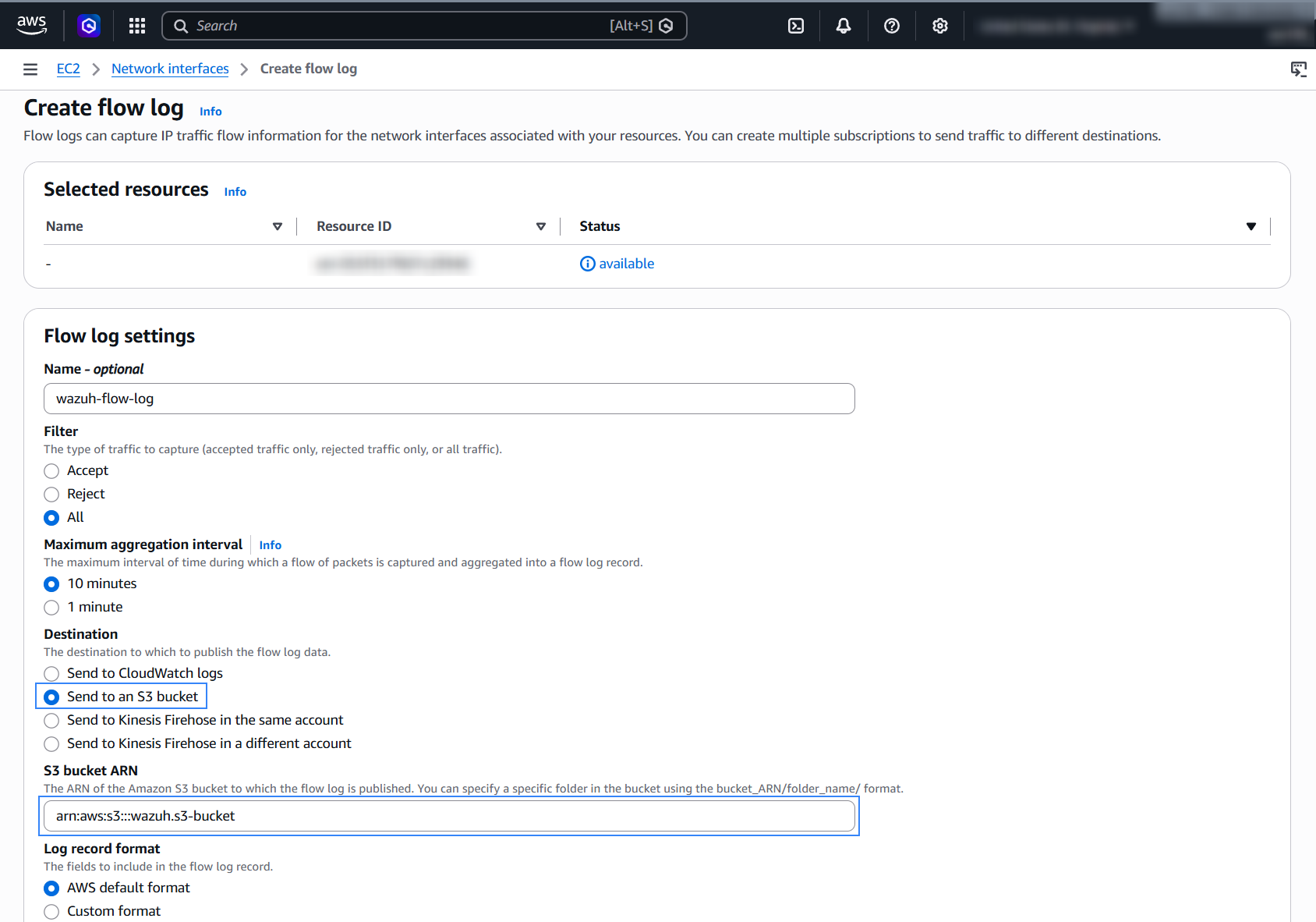 Flow log settings with the filter, aggregation interval, and S3 bucket ARN