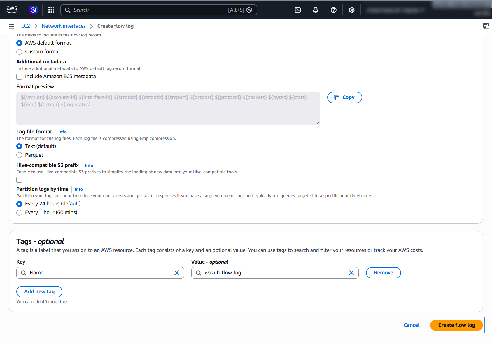 Flow log record format settings and the Create flow log button