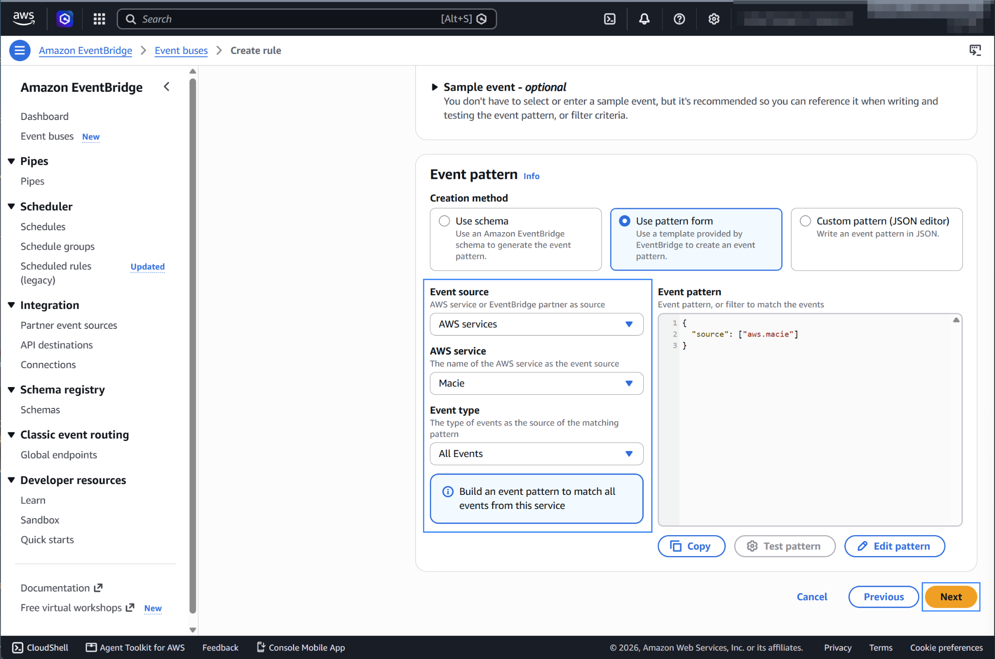 Choose Macie as AWS service and All Events as event type