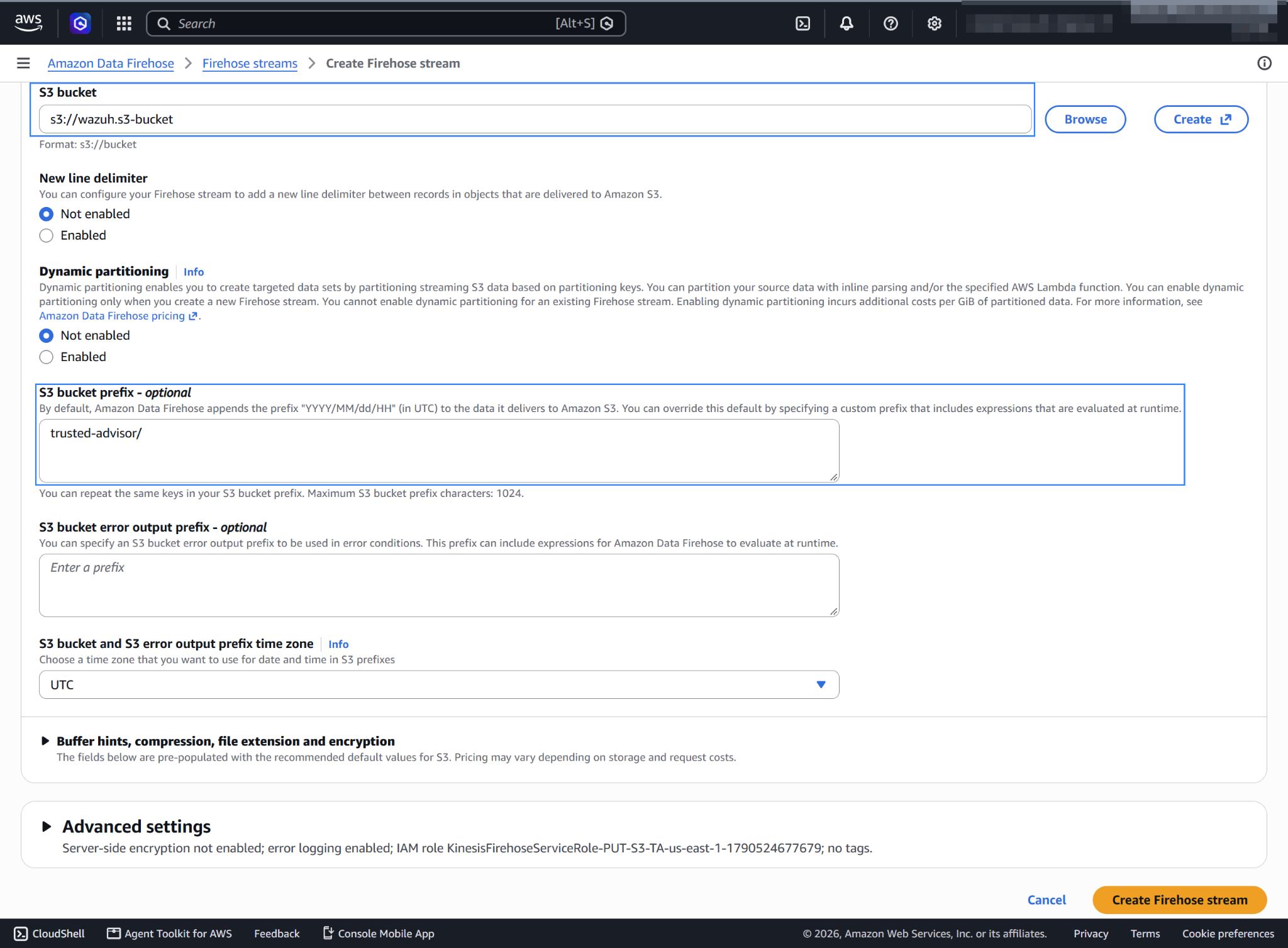Select the destination S3 bucket and the trusted-advisor/ prefix