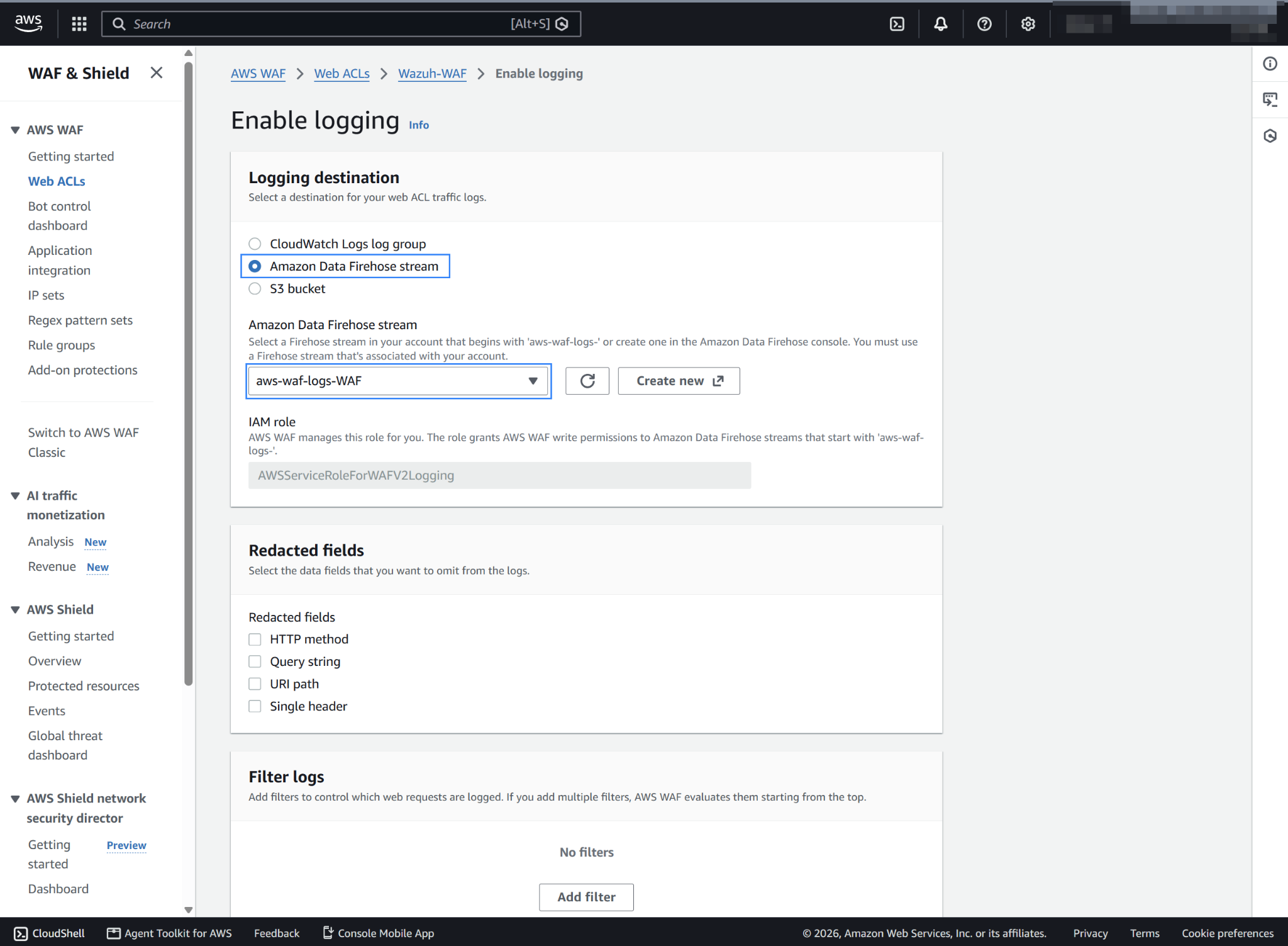 Select Amazon Data Firehose stream as the logging destination