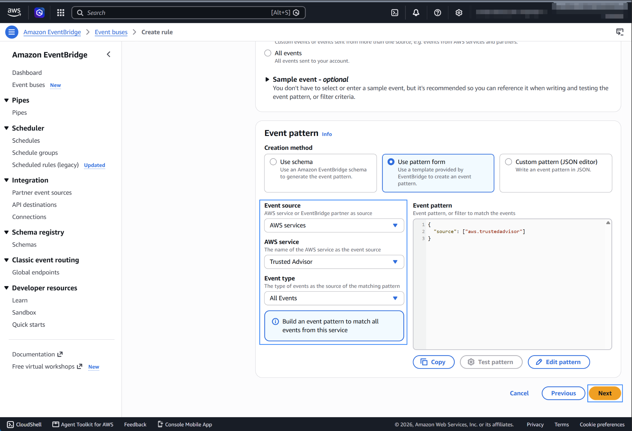 Choose Trusted Advisor as AWS service and All Events as event type