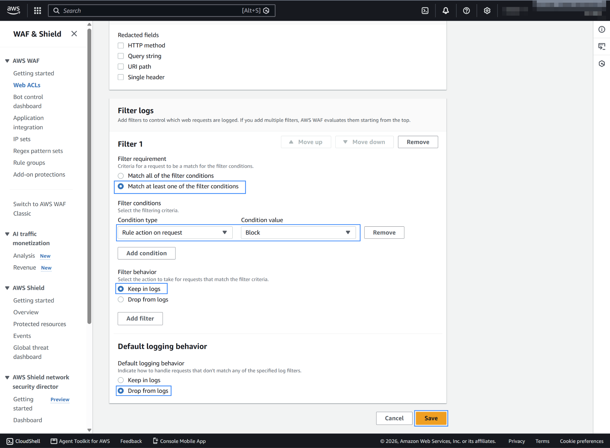 Filter logs to keep only blocked web requests