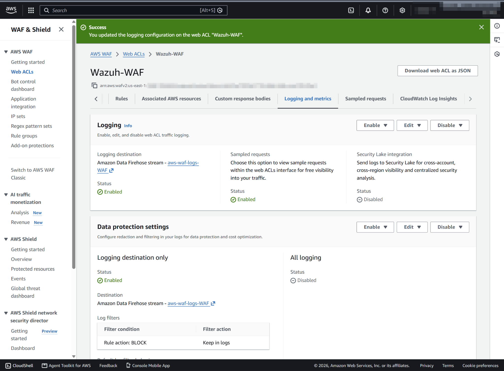 Logging enabled on the web ACL