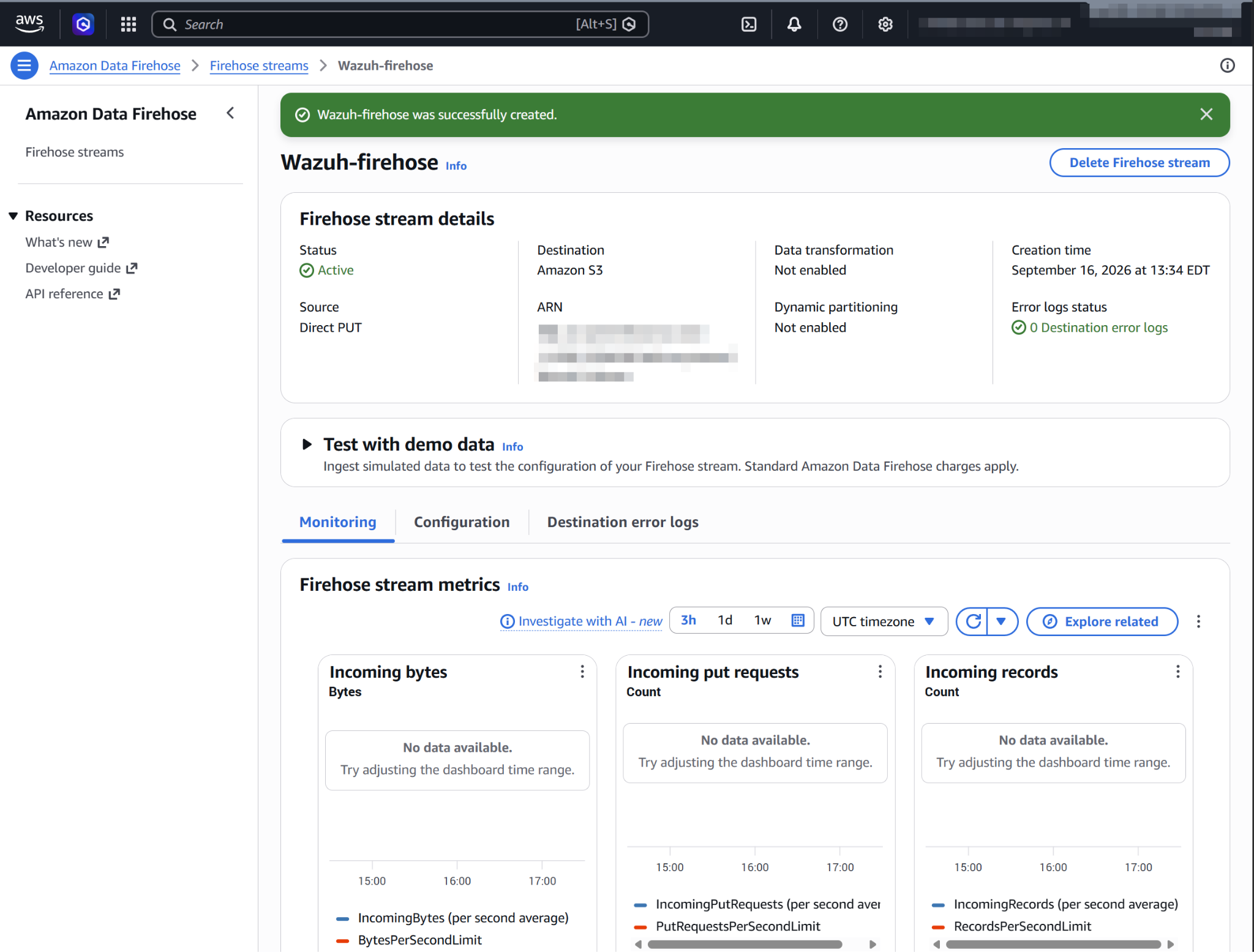 Firehose stream created