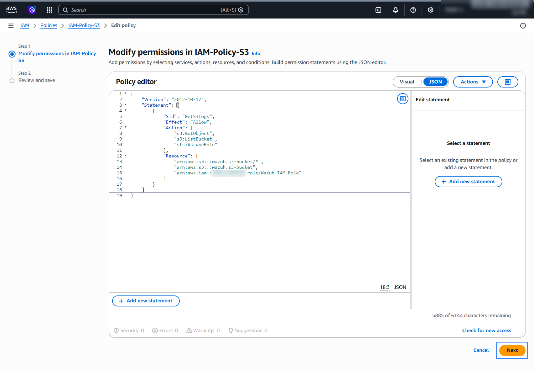 Edit the policy in JSON view