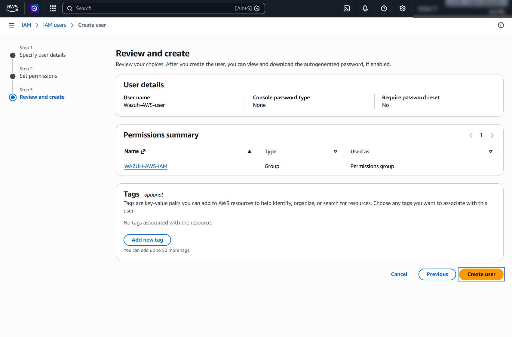 Review and create user