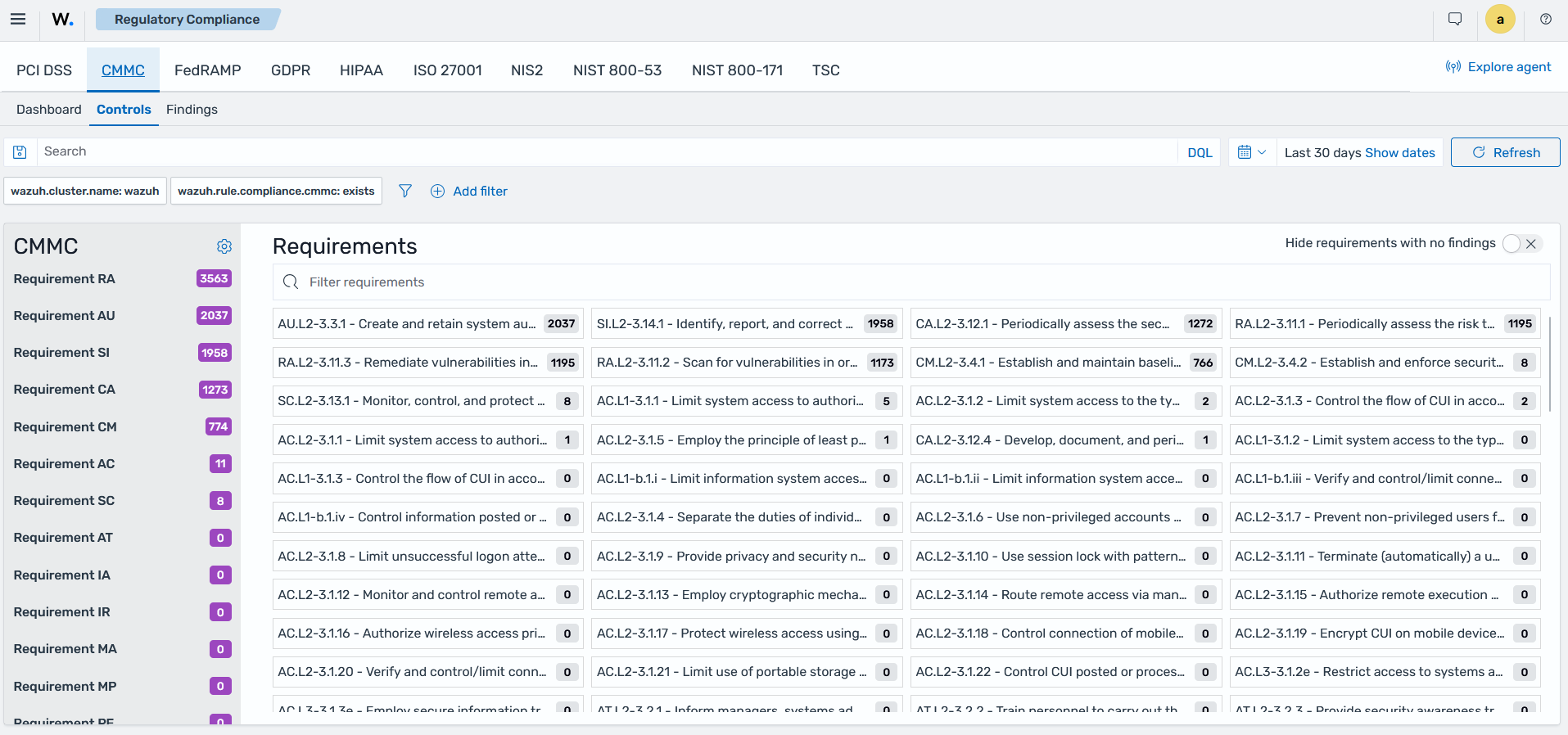 Controls tab of the Regulatory Compliance section showing CMMC requirements
