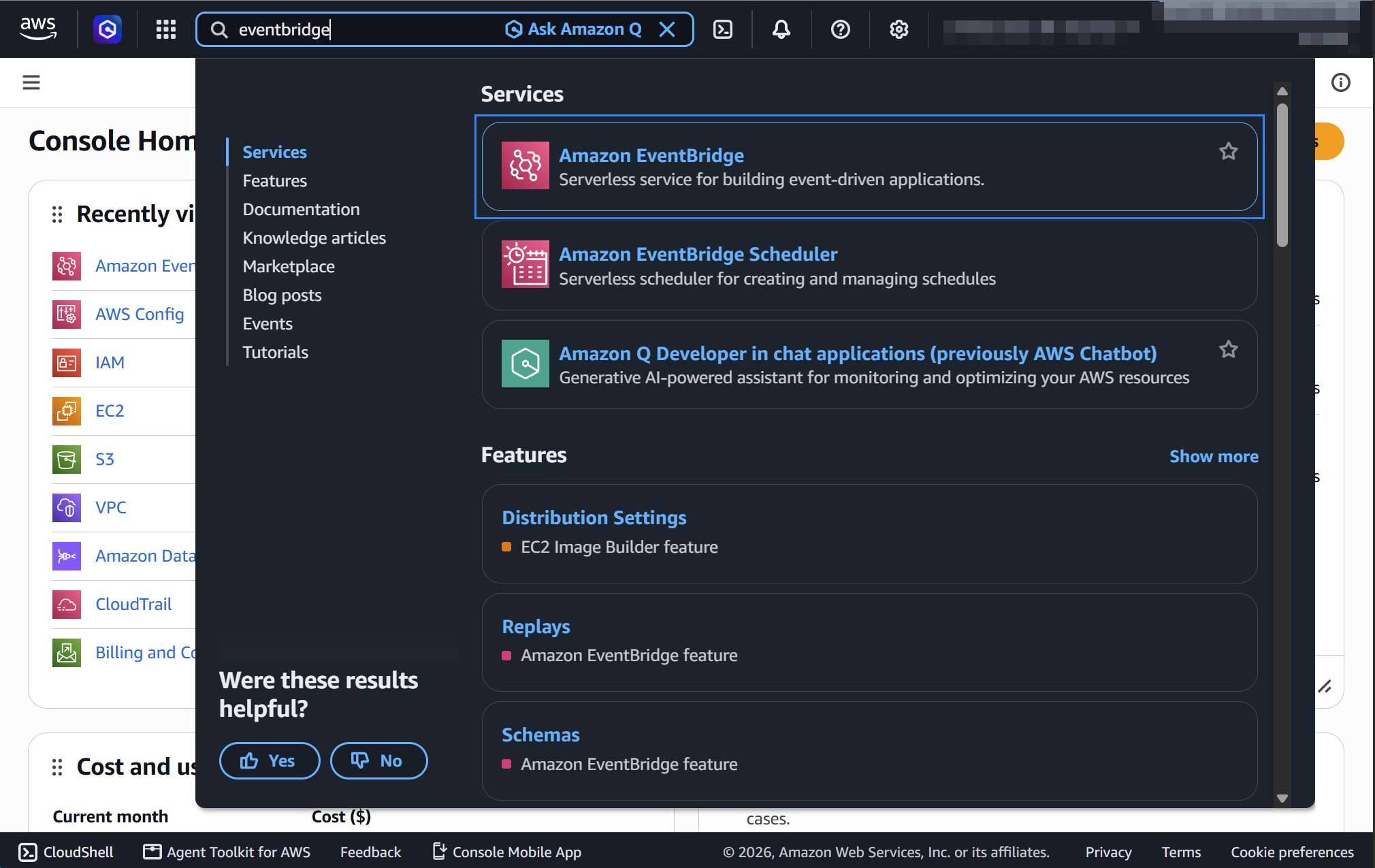Search for Amazon EventBridge in the AWS console