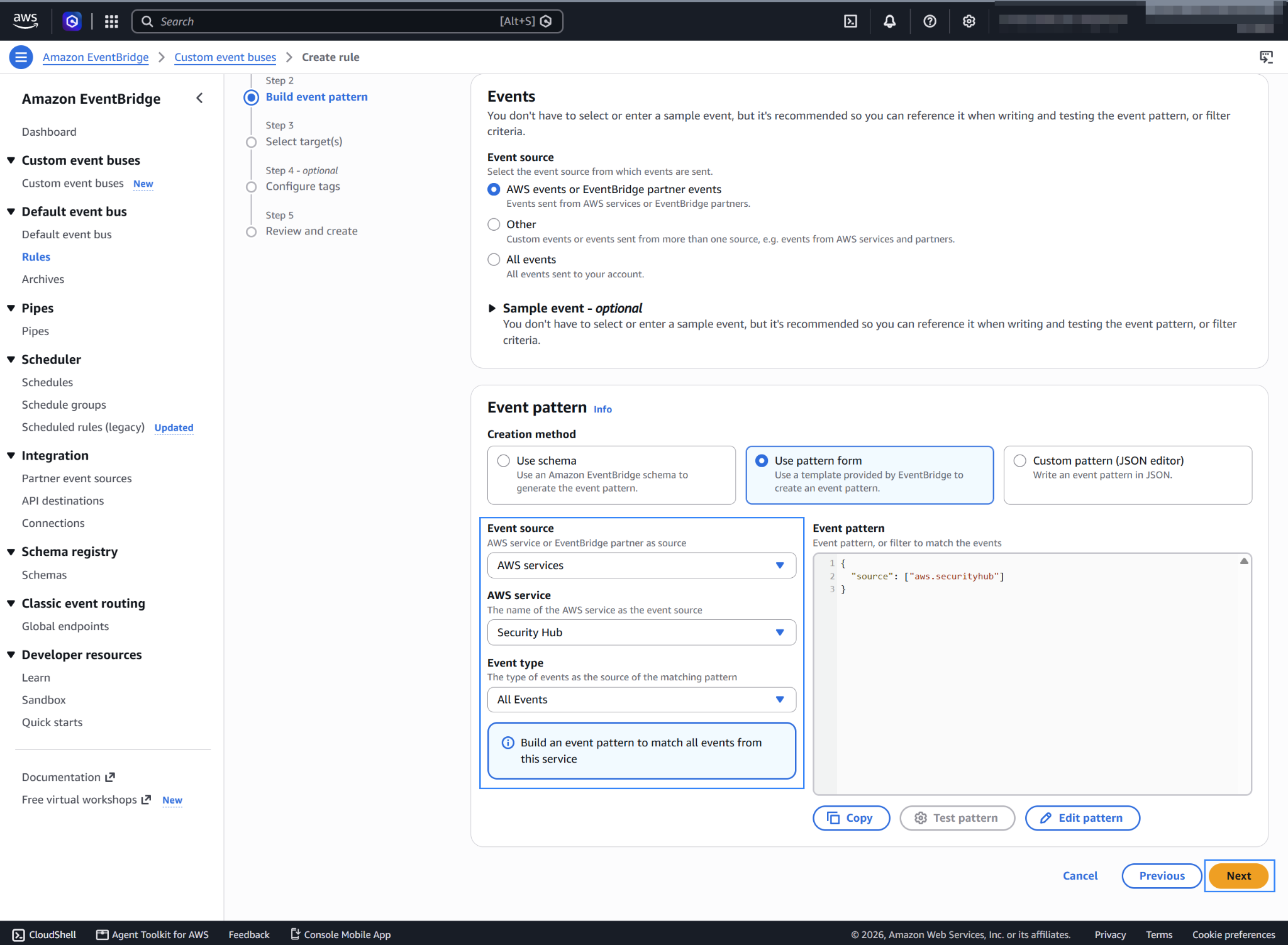 Security Hub event pattern