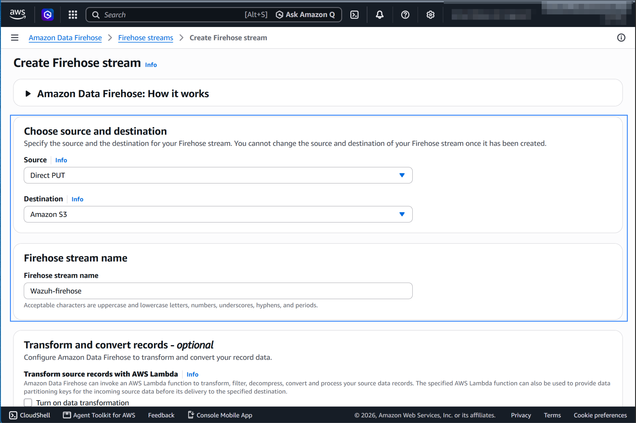 Choose the Firehose stream source, destination, and name