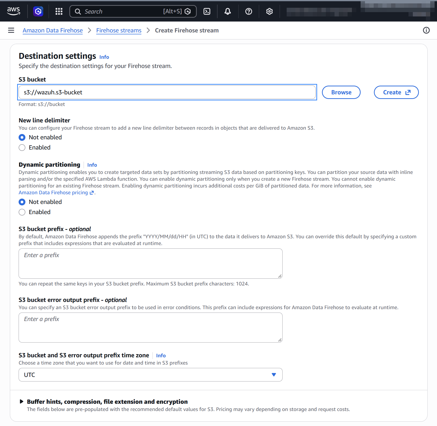 Firehose stream destination settings