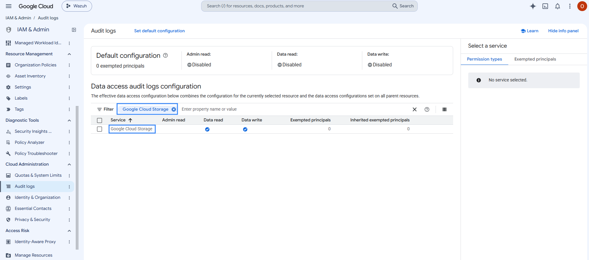 Search for Google Cloud Storage in the Audit Logs service list