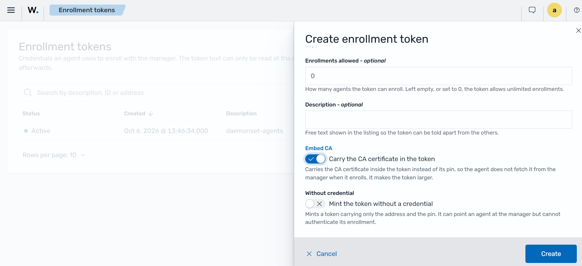 Create enrollment token form with the Embed CA option enabled