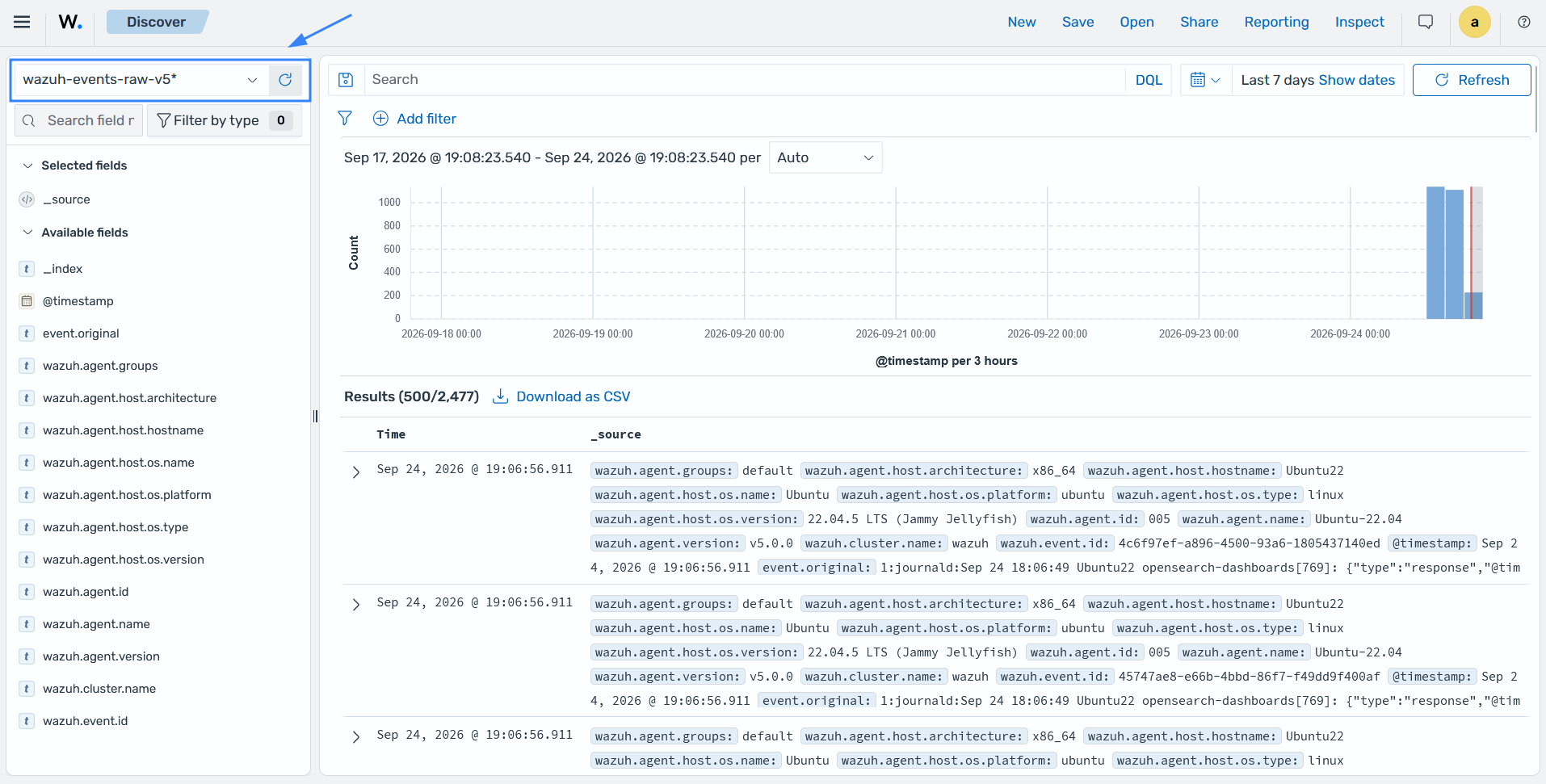 Discover section showing raw events from the wazuh-events-raw-v5* data stream