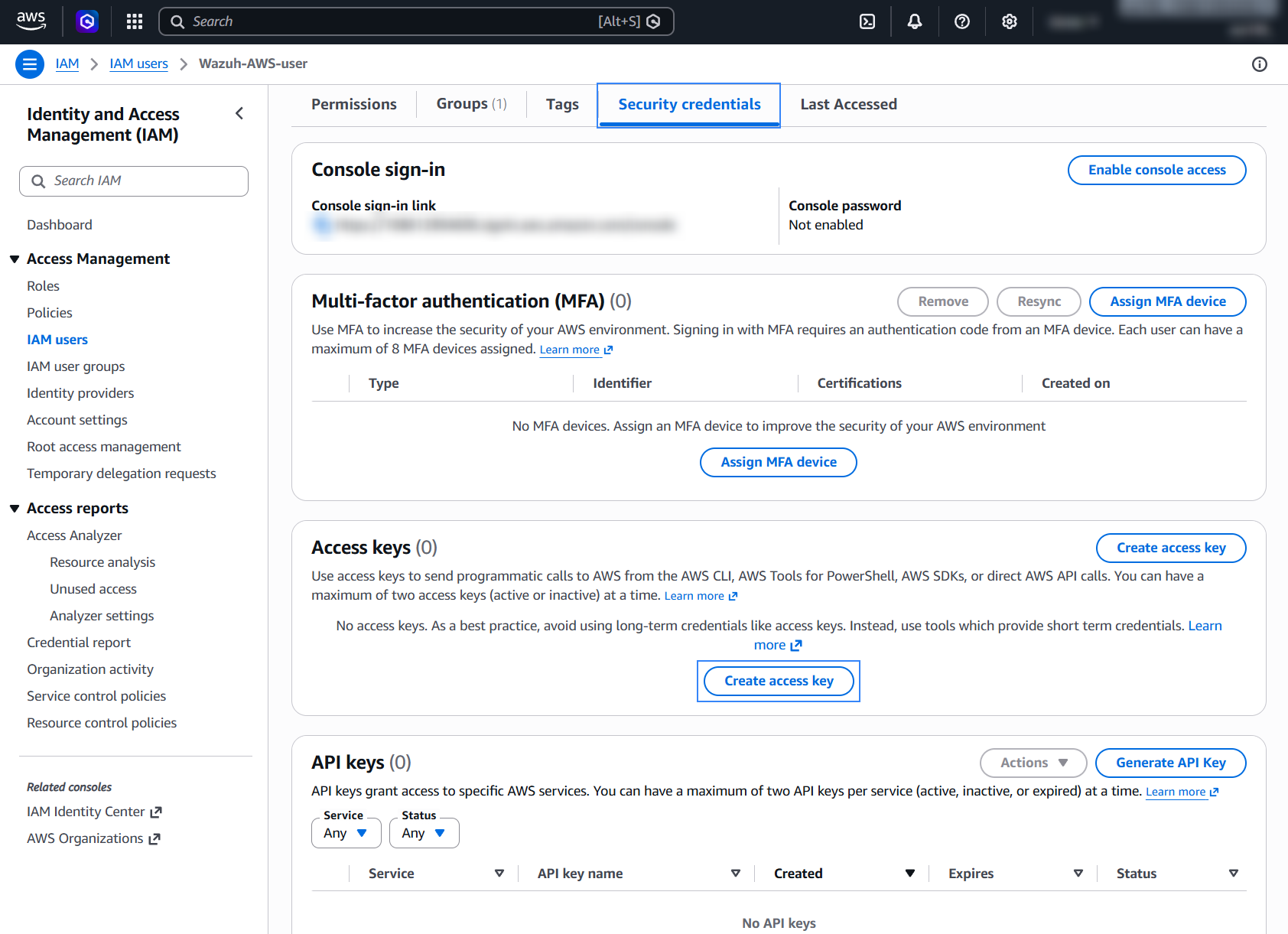 Create access key from Security credentials