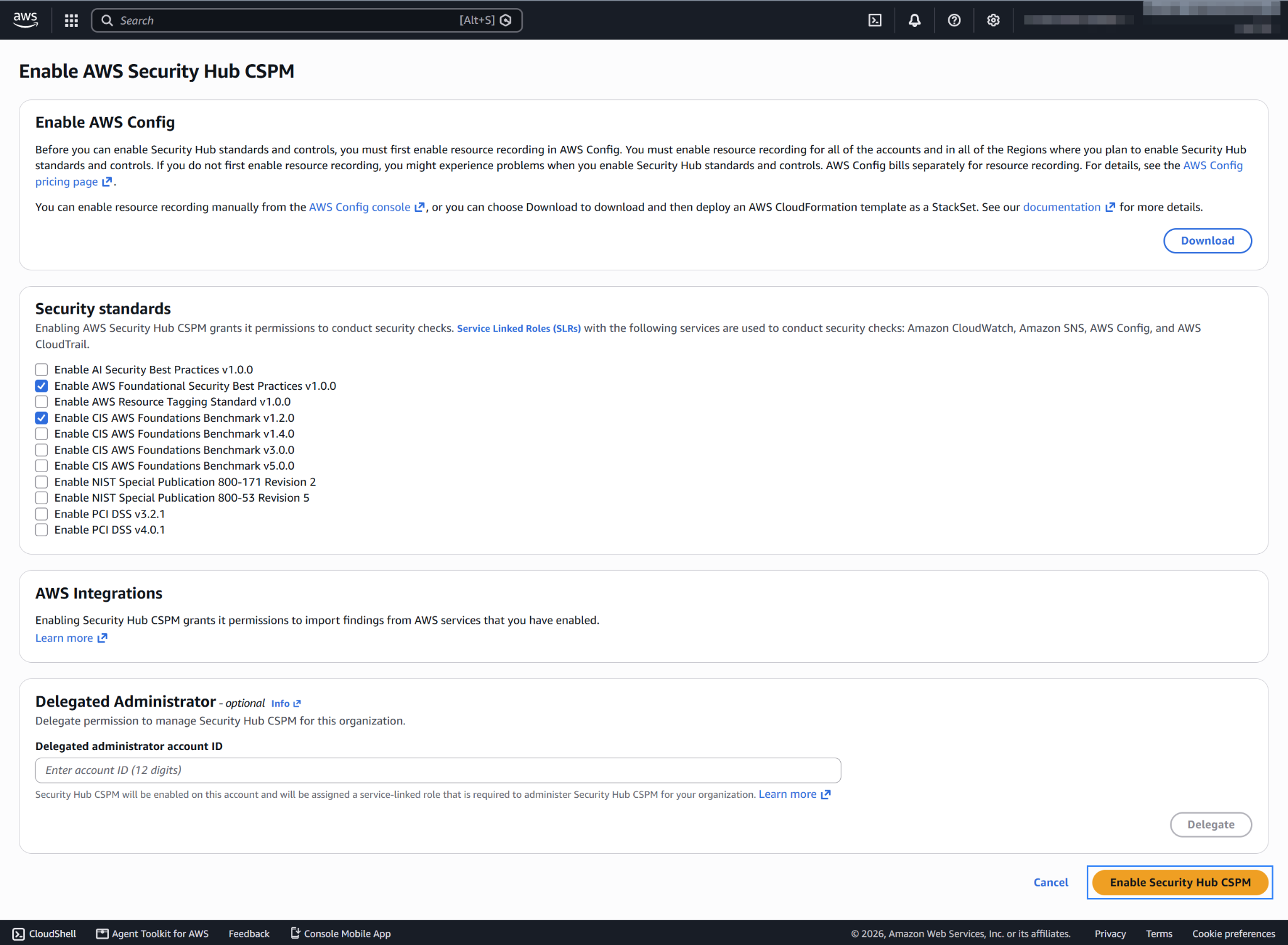 Enable AWS Security Hub CSPM