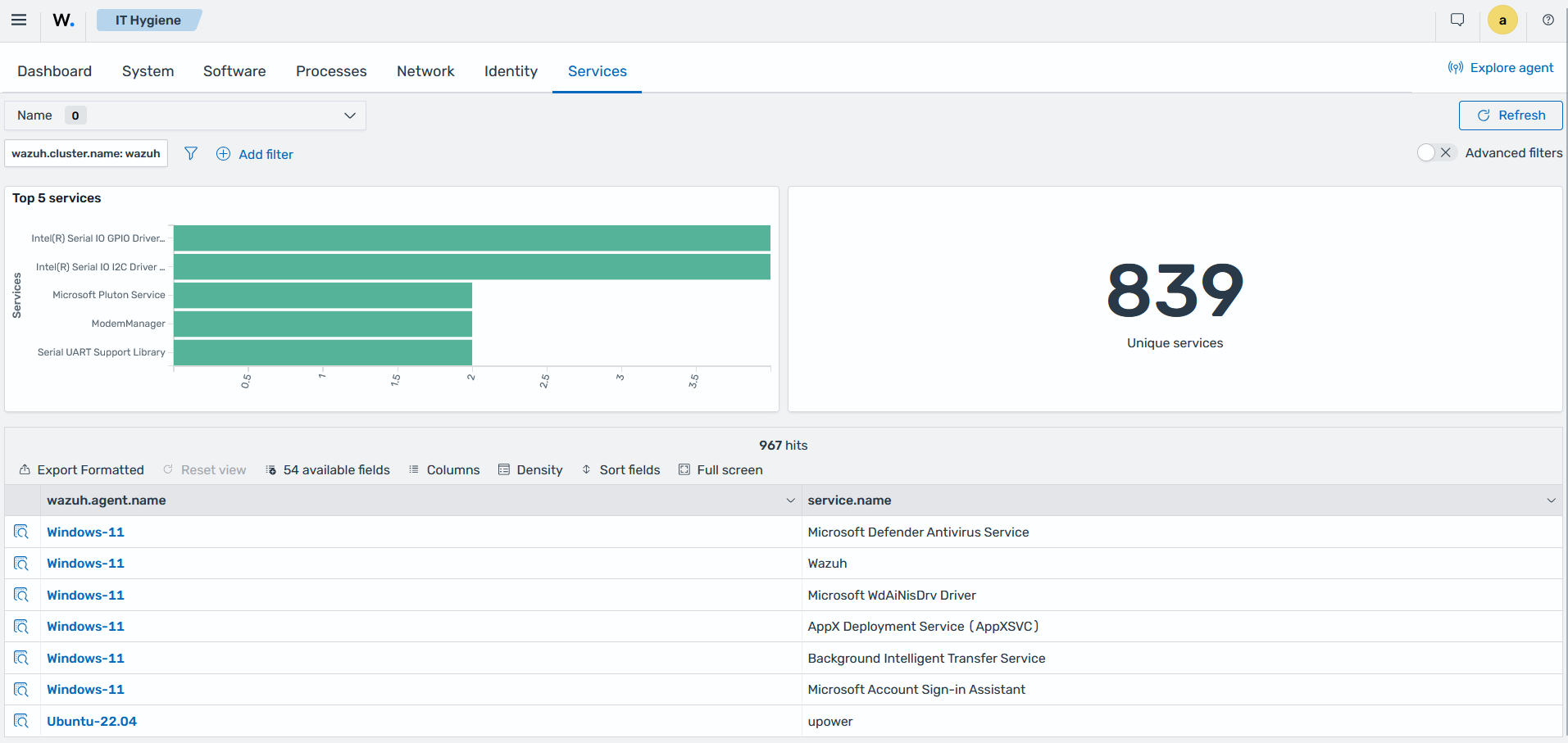Services tab of the IT Hygiene section showing services and their startup and operational status