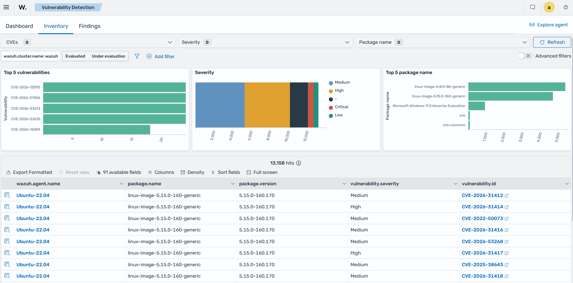 Inventory tab of the Vulnerability Detection section filtering vulnerability findings by severity