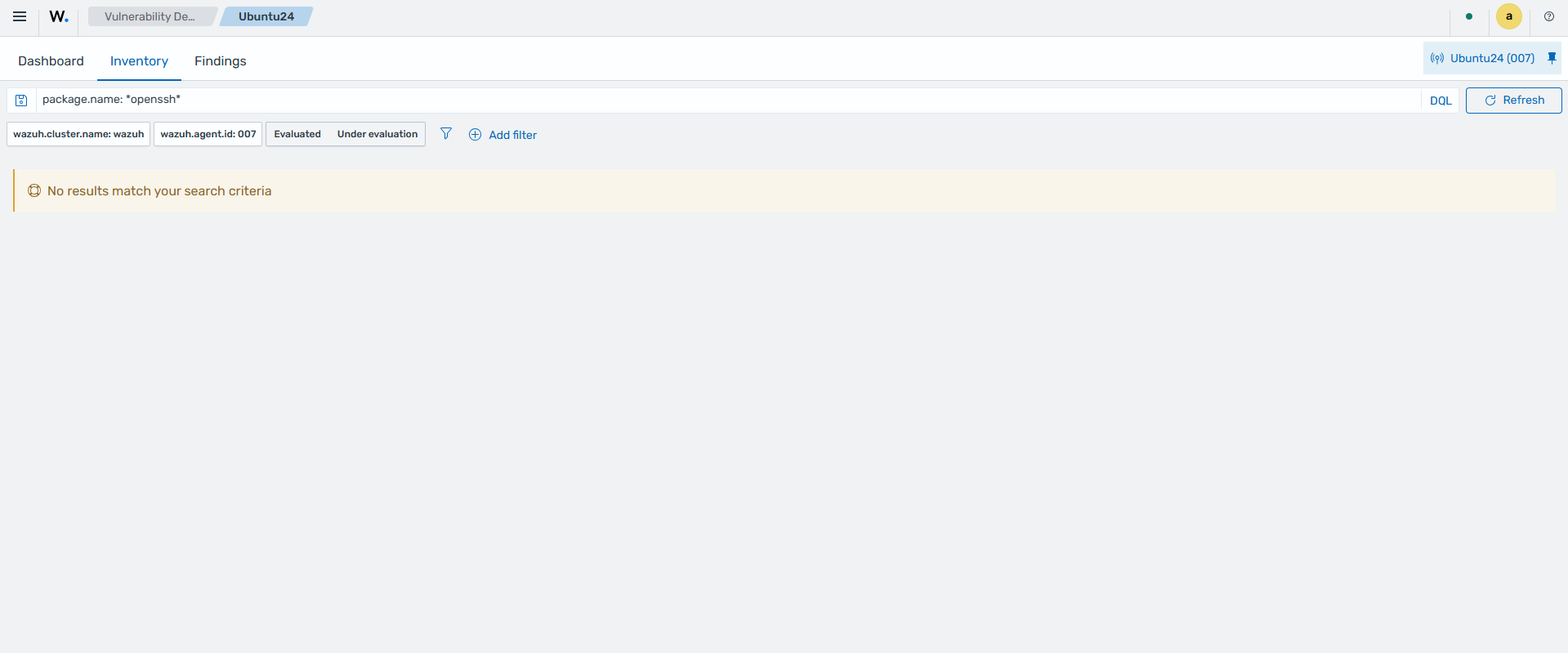 Wazuh dashboard Vulnerability Detection Inventory tab showing no openssh vulnerabilities after the update