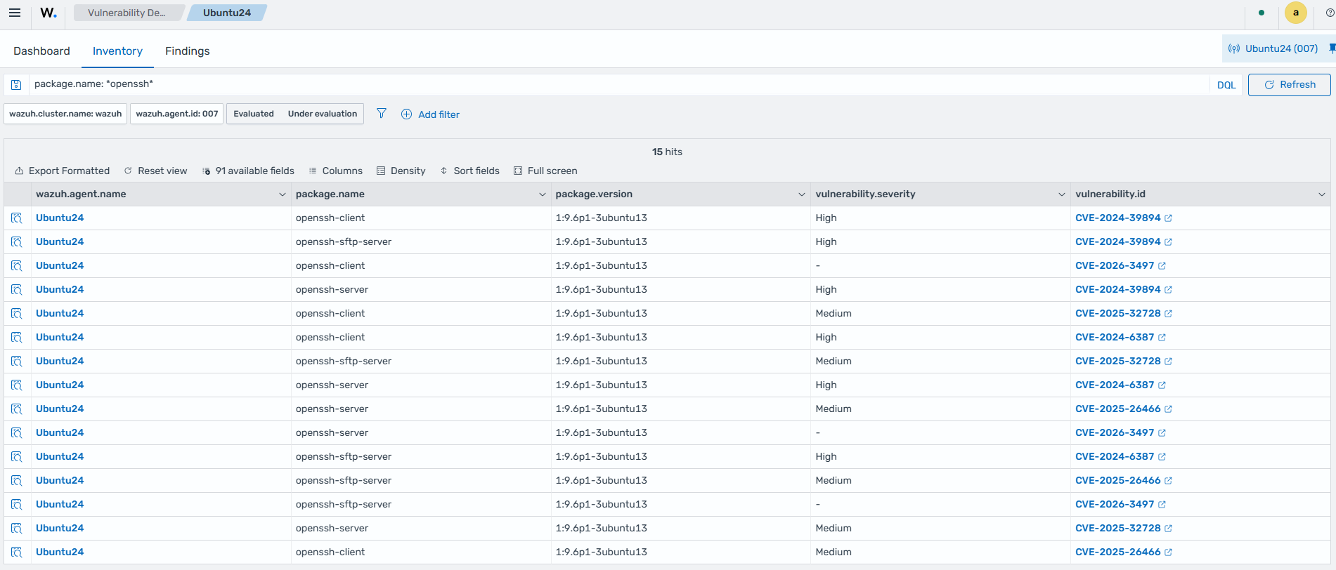 Wazuh dashboard Vulnerability Detection Inventory tab listing CVEs for the openssh packages on the Ubuntu 24.04 agent
