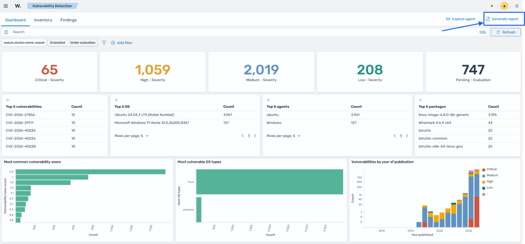 Vulnerability report with discovered and resolved vulnerabilities on a monitored endpoint