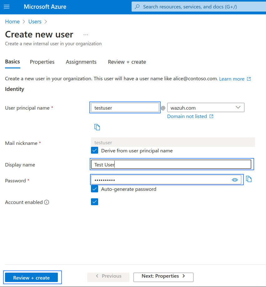 Azure Review+Create new user