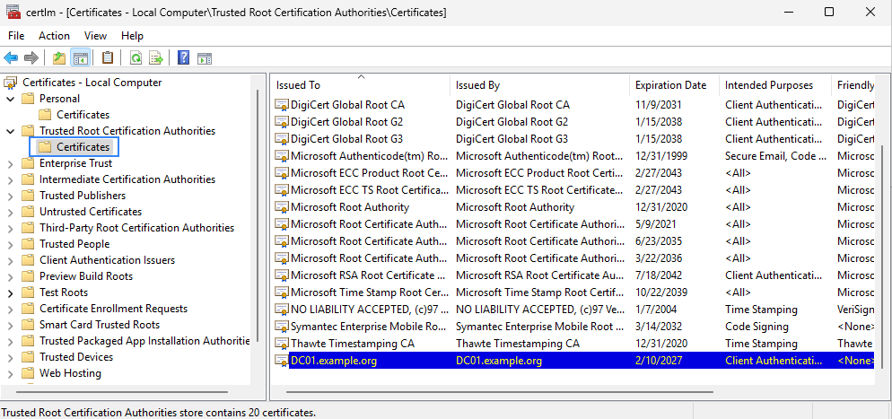 Copy the self-signed certificate to trusted roots
