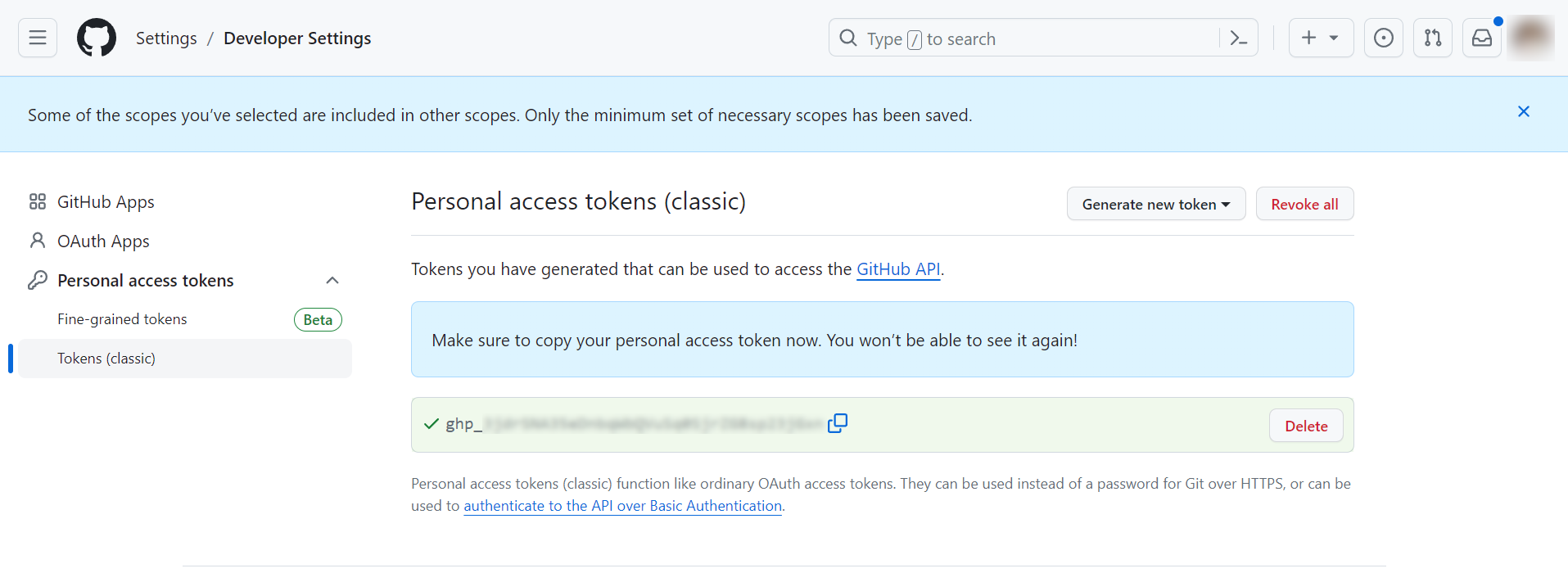 GitHub copy generated token