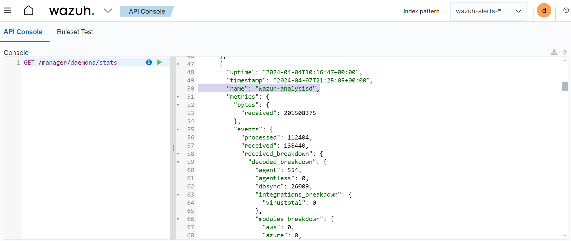 Statistical query of the Wazuh daemons showing wazuh-analysisd stats