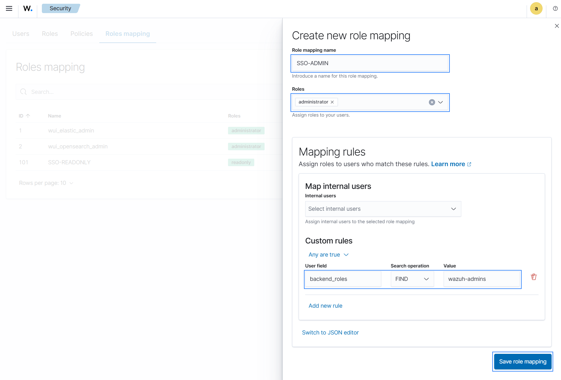 Create Wazuh role mapping