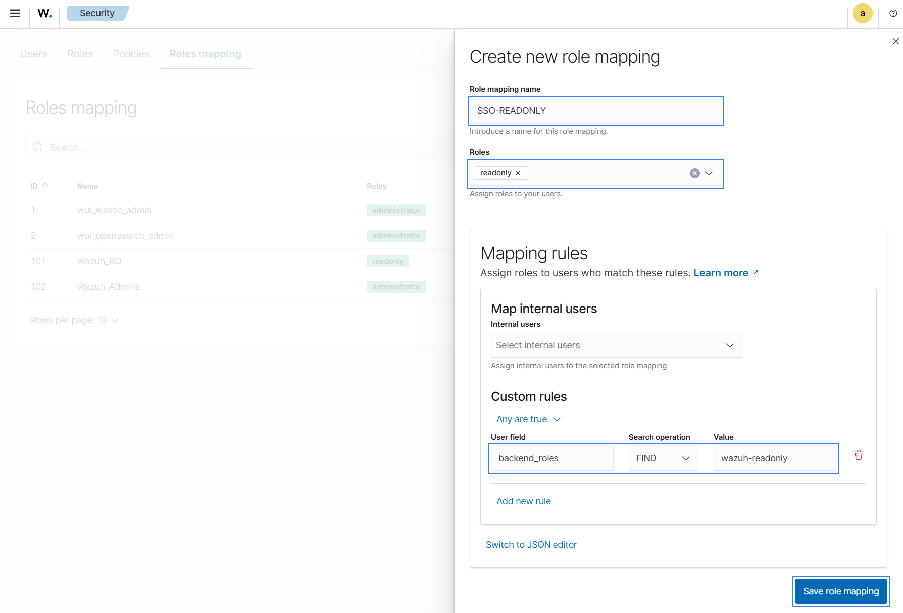 Create Wazuh role mapping