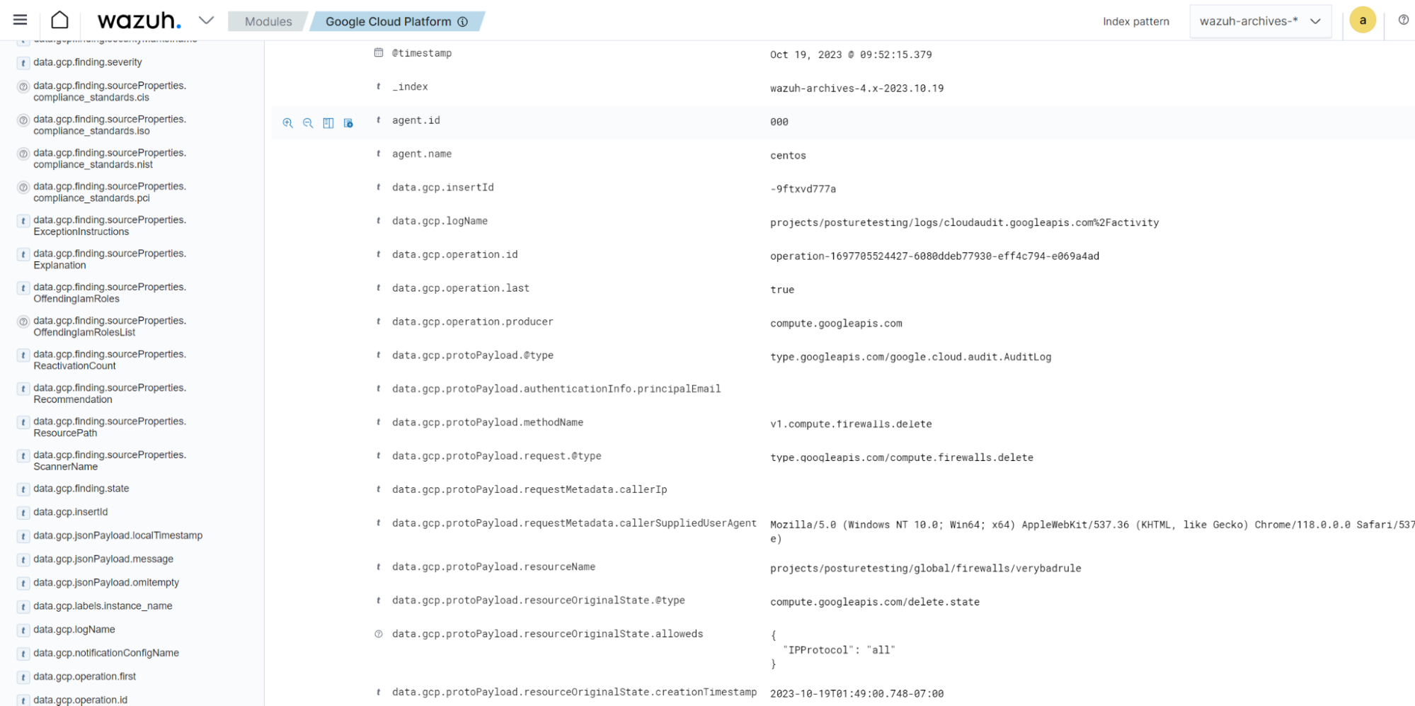 Example GCP log on the Wazuh dashboard